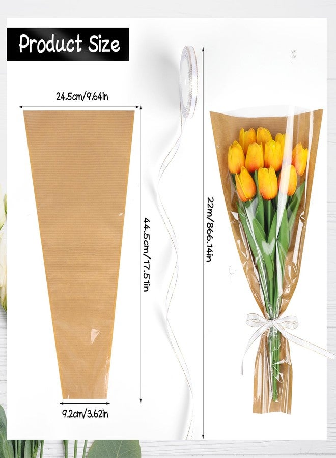 STEFORD 50Pcs Flower Bags for Bouquets Kraft Floral Sleeves Wrapping Paper with Ribbons for Mother's Day, Wedding, Birthday Graduation Florist Wrap Supplies, 9.8x17.9 Inch - Image 2